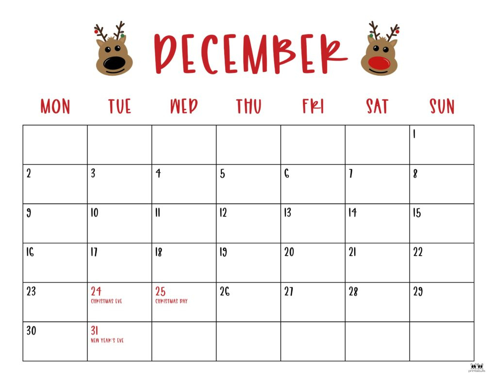 December 2024 Calendars - 50 Free Printables | Printabulls | 2024 Calendar Printable Starting Monday December