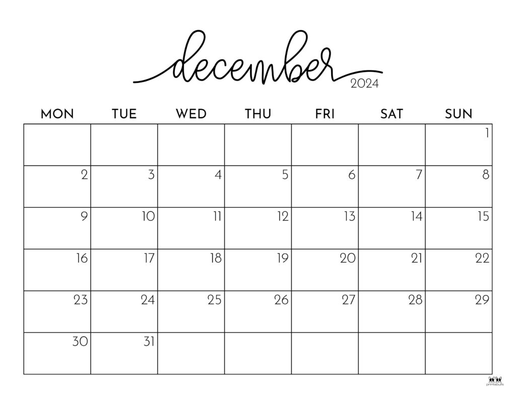 December 2024 Calendars - 50 Free Printables | Printabulls | 2024 Cute Printable Monthly Calendar December