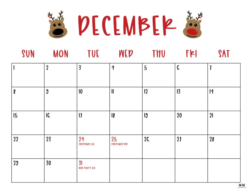 December 2024 Calendars - 50 Free Printables | Printabulls | 2024 Printable December Calendar with Holidays