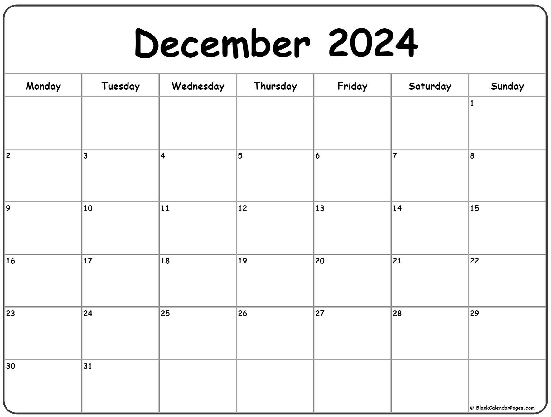 December 2024 Monday Calendar | Monday To Sunday | 2024 Calendar Printable Starting Monday December