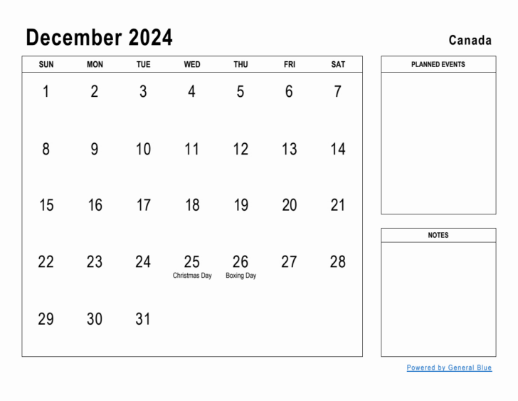 December 2024 Printable Calendar Canada | Calendar 2024