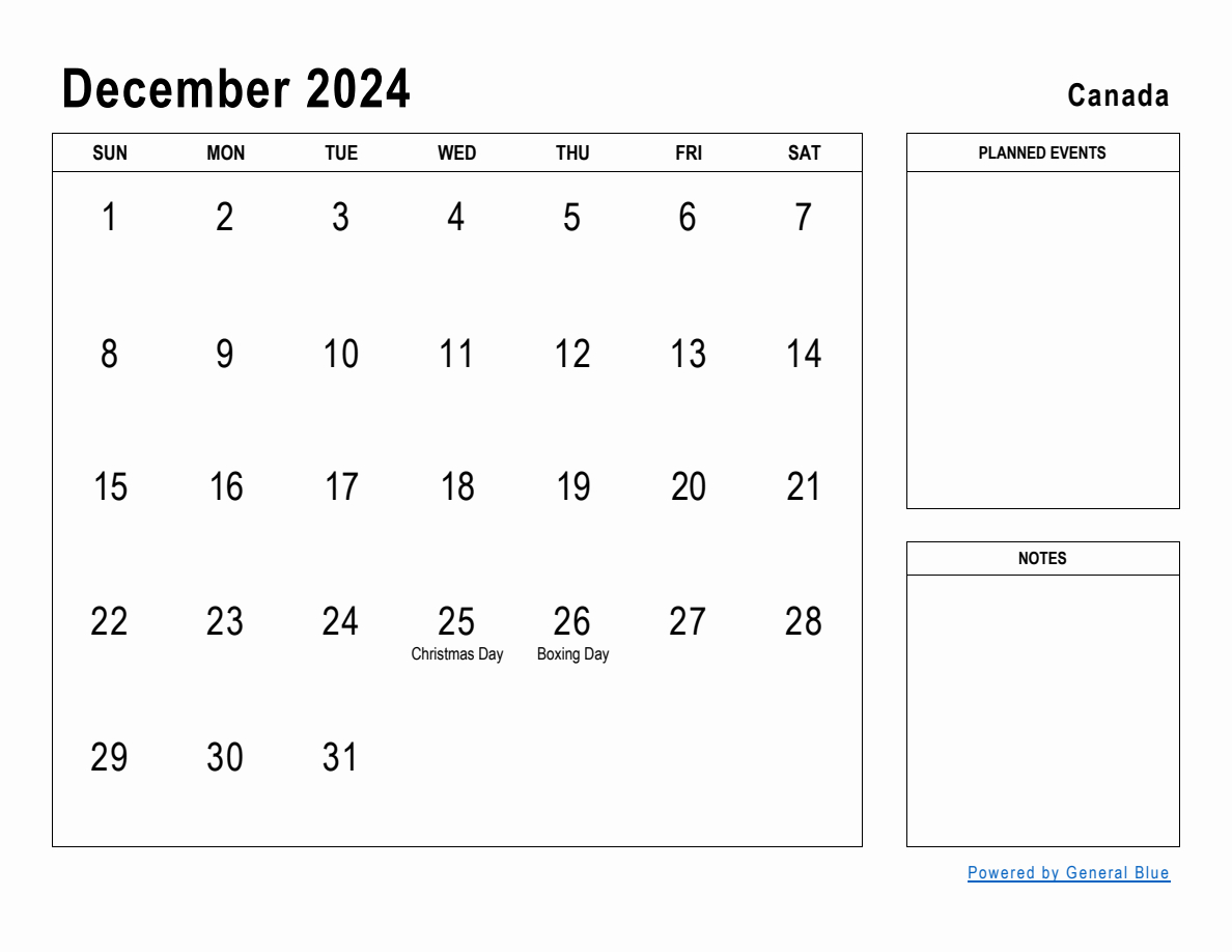 December 2024 Planner With Canada Holidays | Calendar 2024