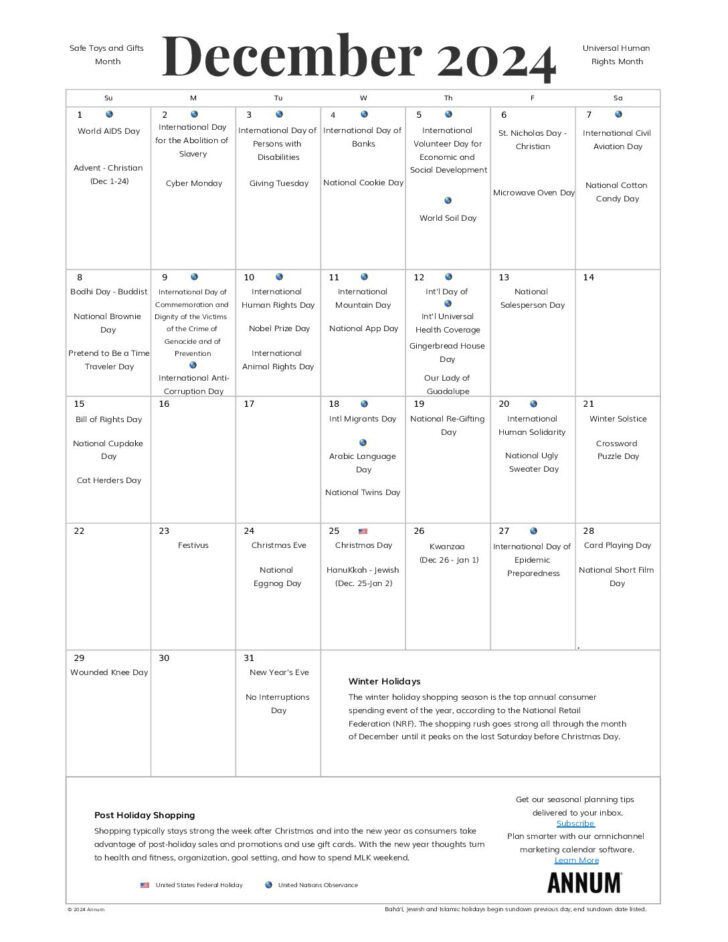 December 2024 Calendar Holidays Printable | Calendar 2024