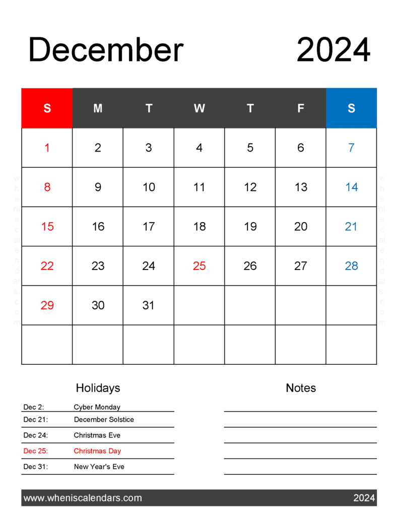 December 2024 Printable Calendar Waterproof Monthly Calendar | 2024 December Printable Calendar Waterproof