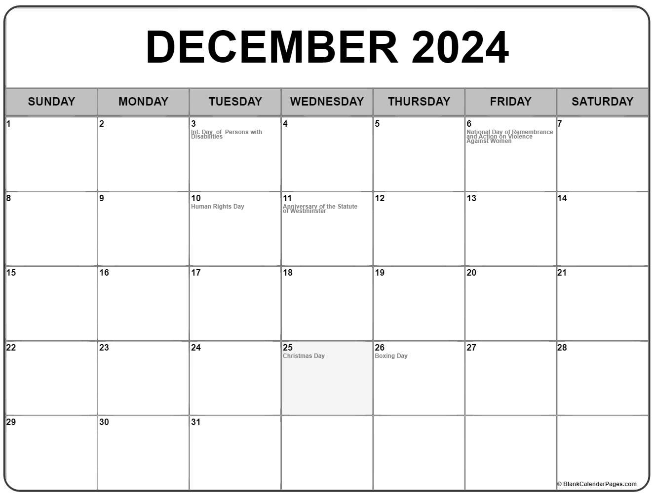 December 2024 With Holidays Calendar | Calendar 2024