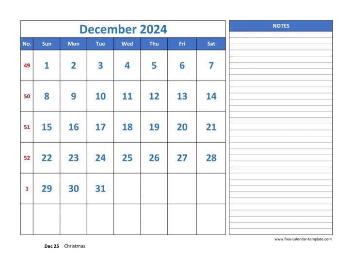 Calendar 2024 December Printable with Notes | Calendar 2024