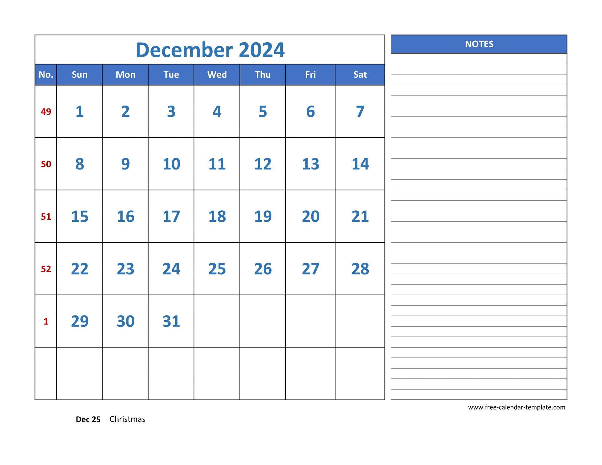 December Calendar 2024 Grid Lines For Holidays And Notes | Calendar 2024