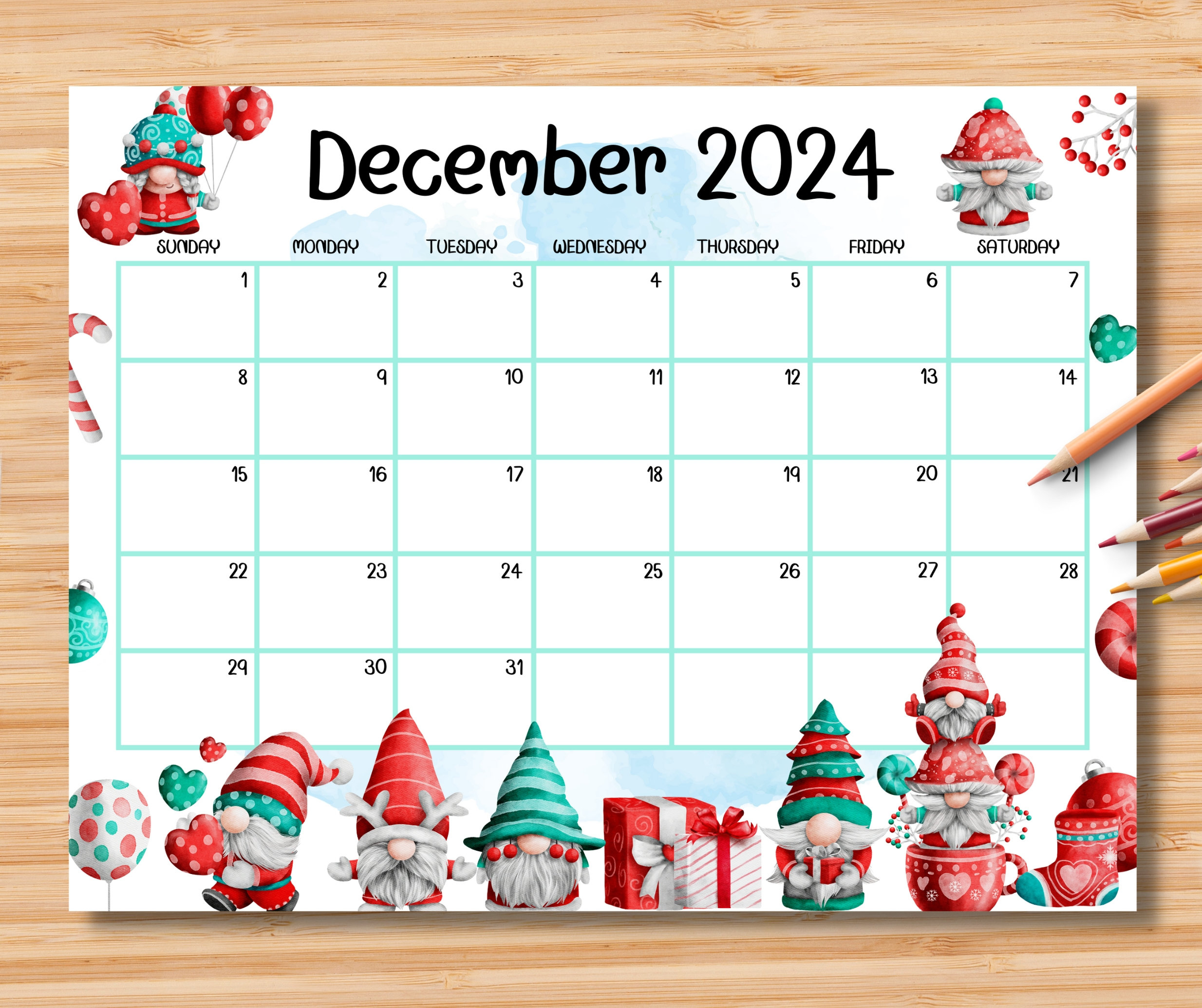 Editable December 2024 Calendar, Adorable Christmas W/ Cute Gnomes | Calendar 2024