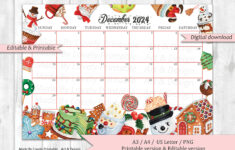 Editable December 2024 Calendar, Christmas Sweets & Drinks | Blank December 2024 Calendar Printable and Children