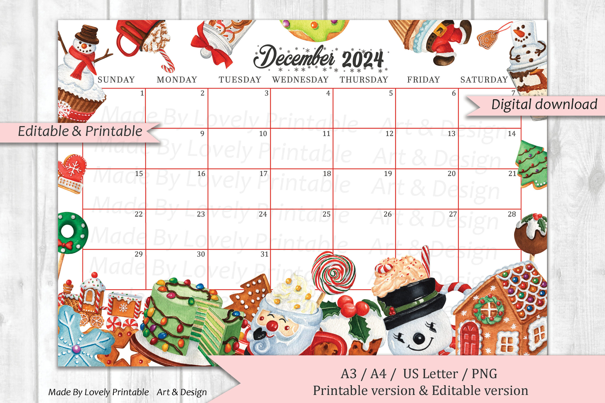 Editable December 2024 Calendar, Christmas Sweets &amp;amp; Drinks | Calendar 2024