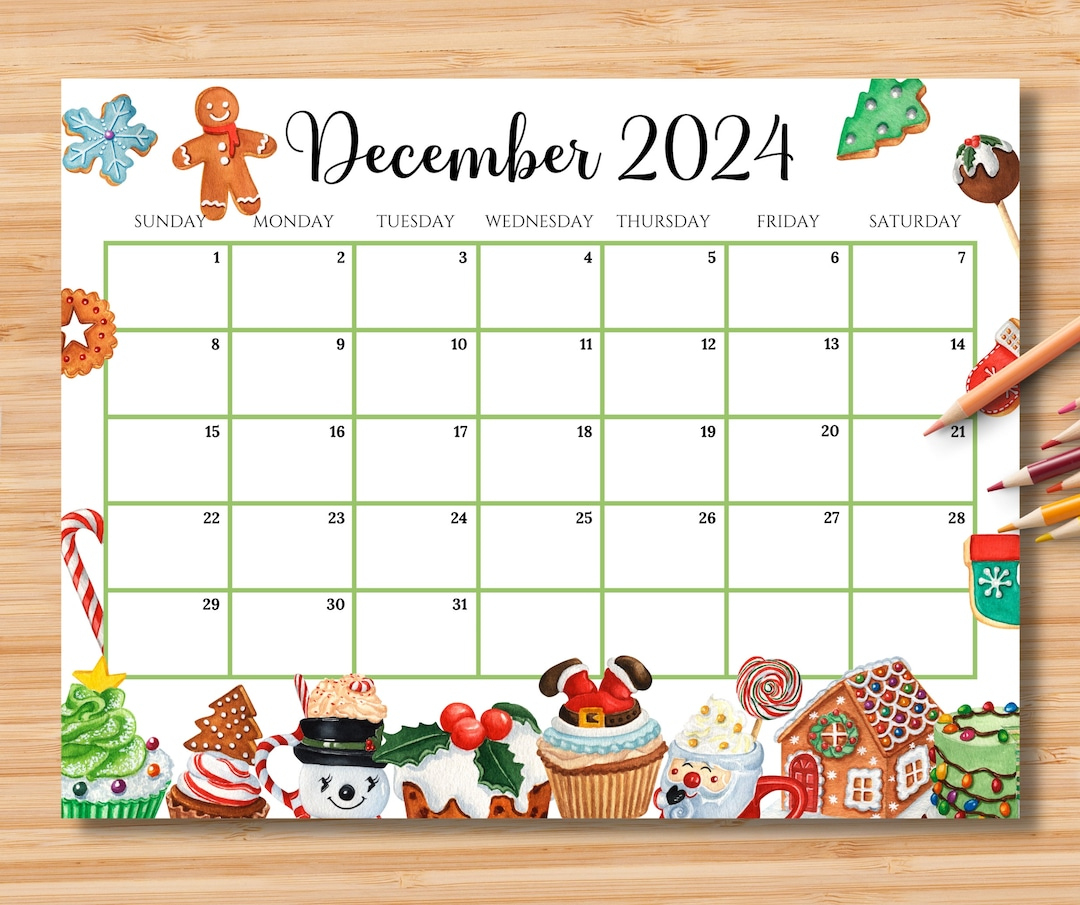 Editable December 2024 Calendar, Colorful Christmas With Sweets | December 2024 Shareware Printable Calendar