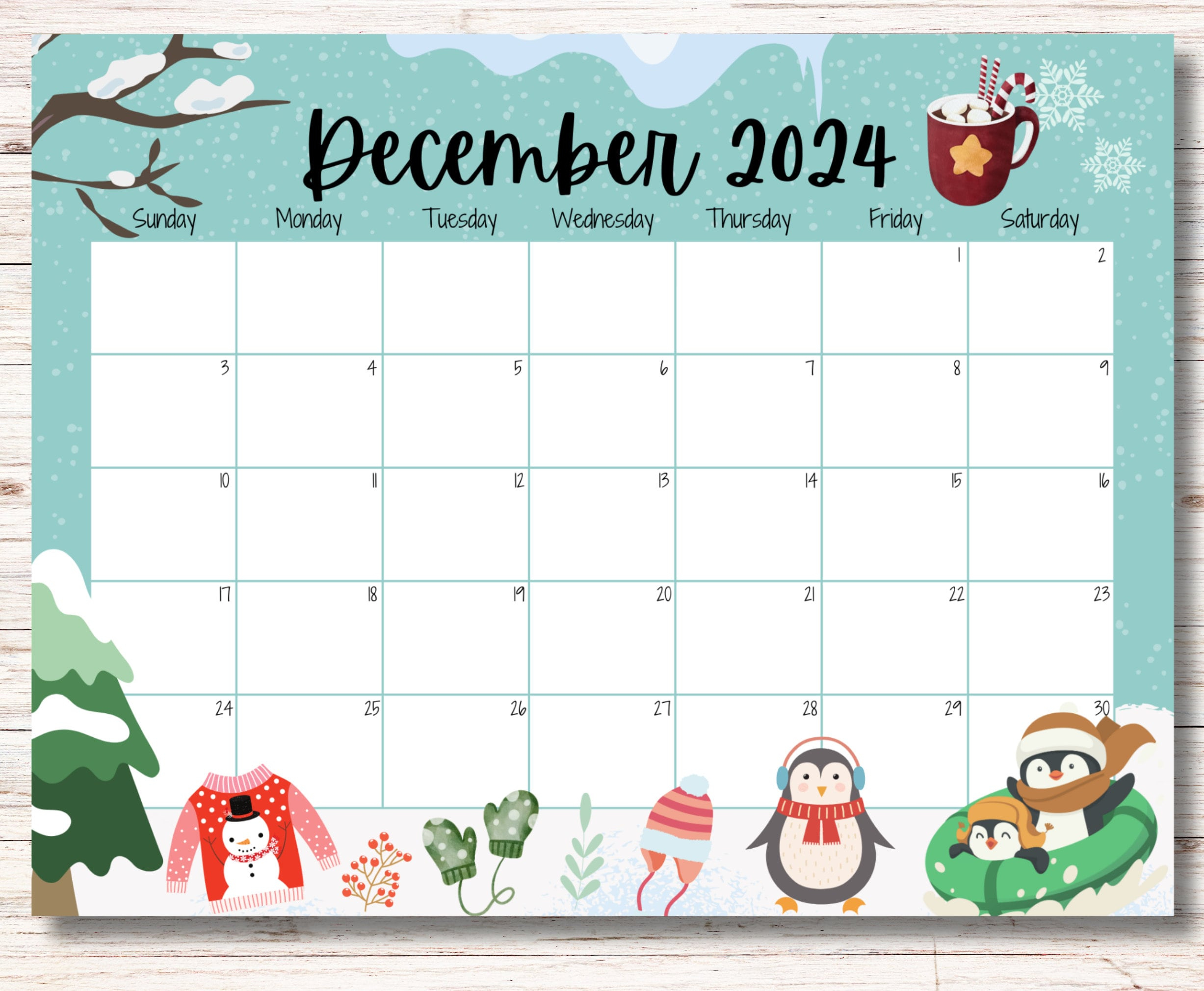 Editable December 2024 Calendar, Cute Penguins, Beautiful Winter | Calendar 2024