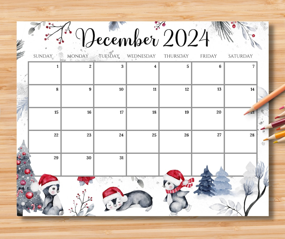 Editable December 2024 Calendar, Joyful Winter W/Cute Penguins | Calendar 2024