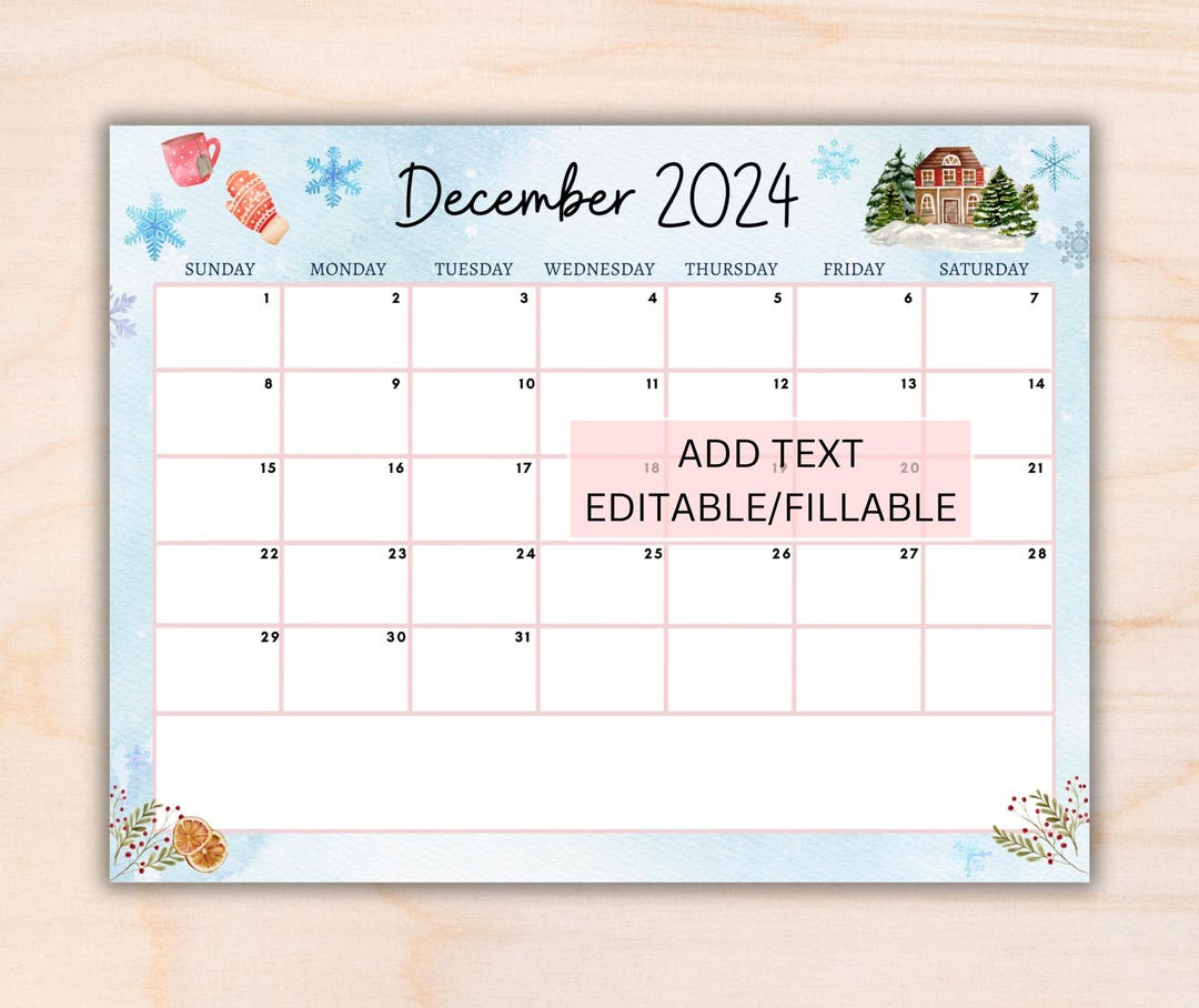 Editable December 2024 Calendar, Printable Monthly Calendar Winter | 2024 December Calendar 8.5x11 Horizontal Printable