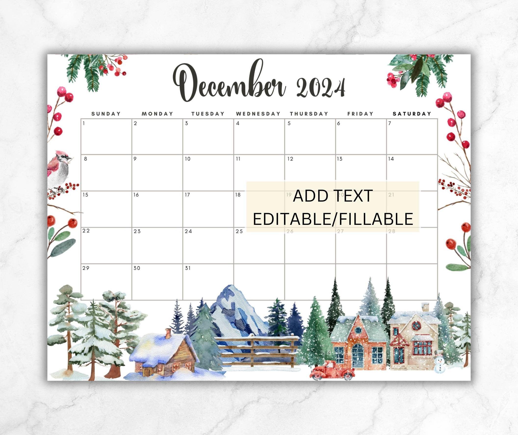 Editable December 2024 Calendar, Printable Wall Calendar 2024 Xmas | Calendar 2024