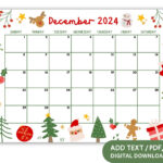 Editable December 2024 Printable Calendar, Cute Christmas Calendar | 2024 December Calendar 8.5X11 Horizontal Printable