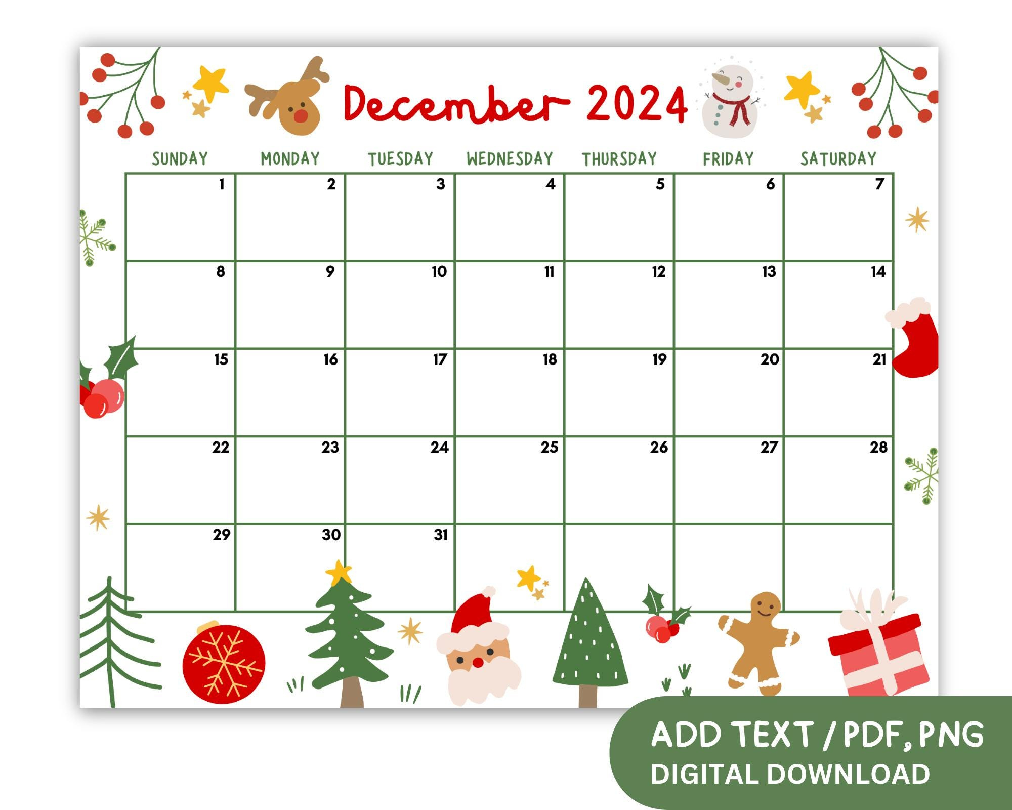 Editable December 2024 Printable Calendar, Cute Christmas Calendar | 2024 December Calendar 8.5X11 Horizontal Printable