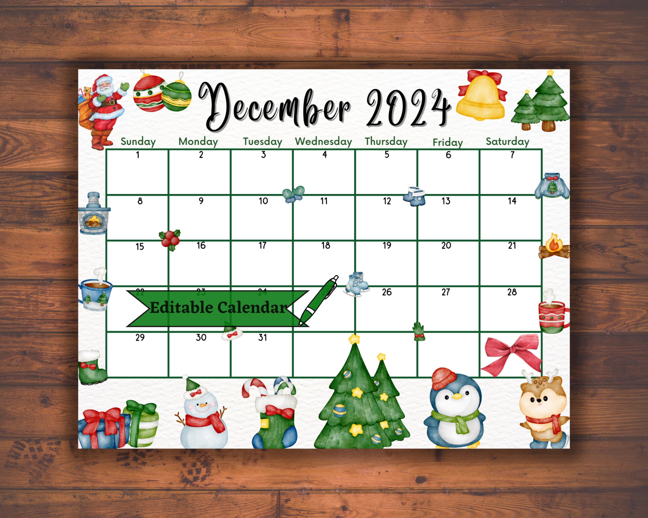 Editable Fillable December 2024 Calendar For Merry Christmas | December 2024 Holiday Calendar Printable