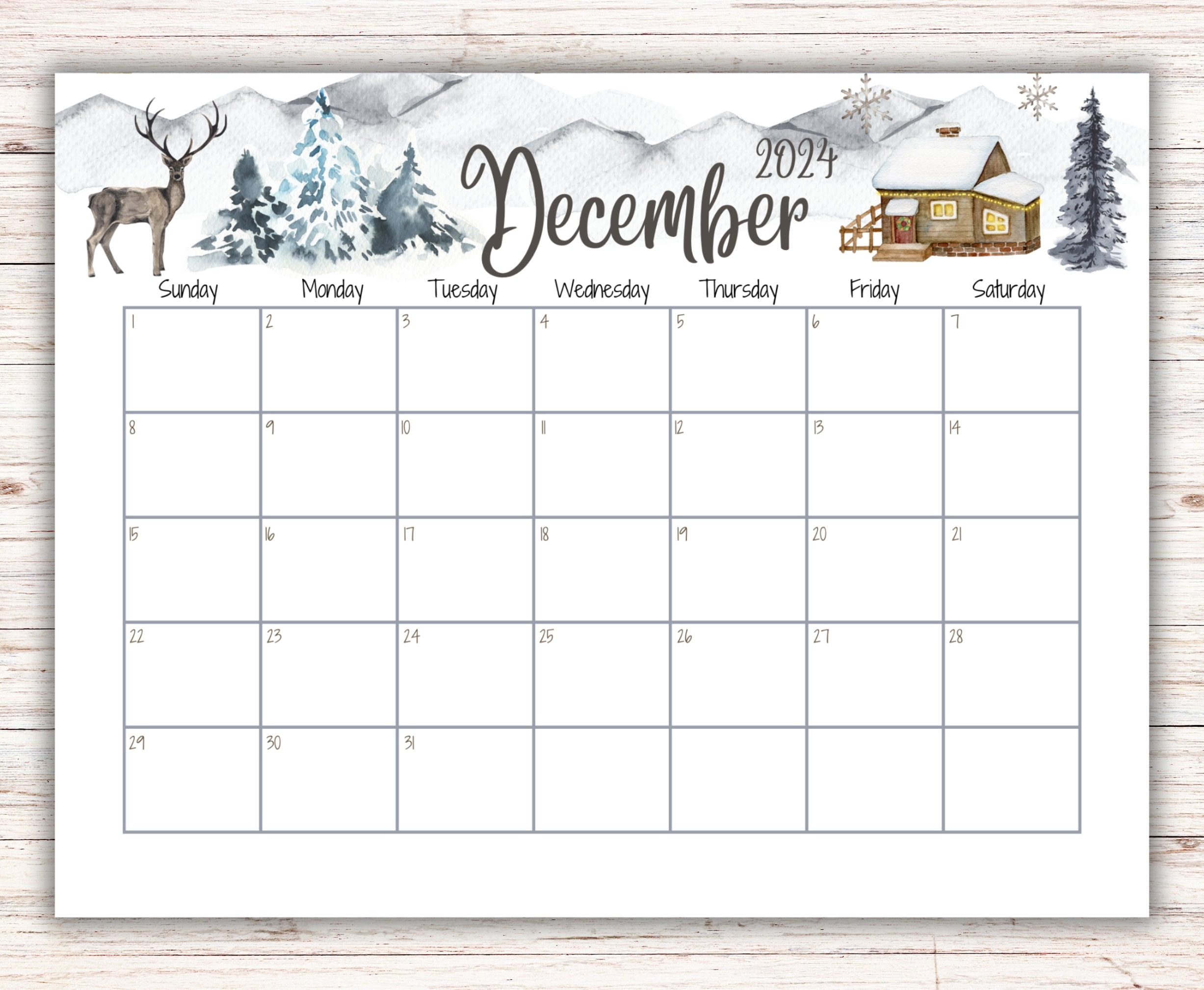 Editierbarer Kalender Für Dezember 2024, Verschneites Haus Auf Dem | December 2024 Calendar Printable Canada