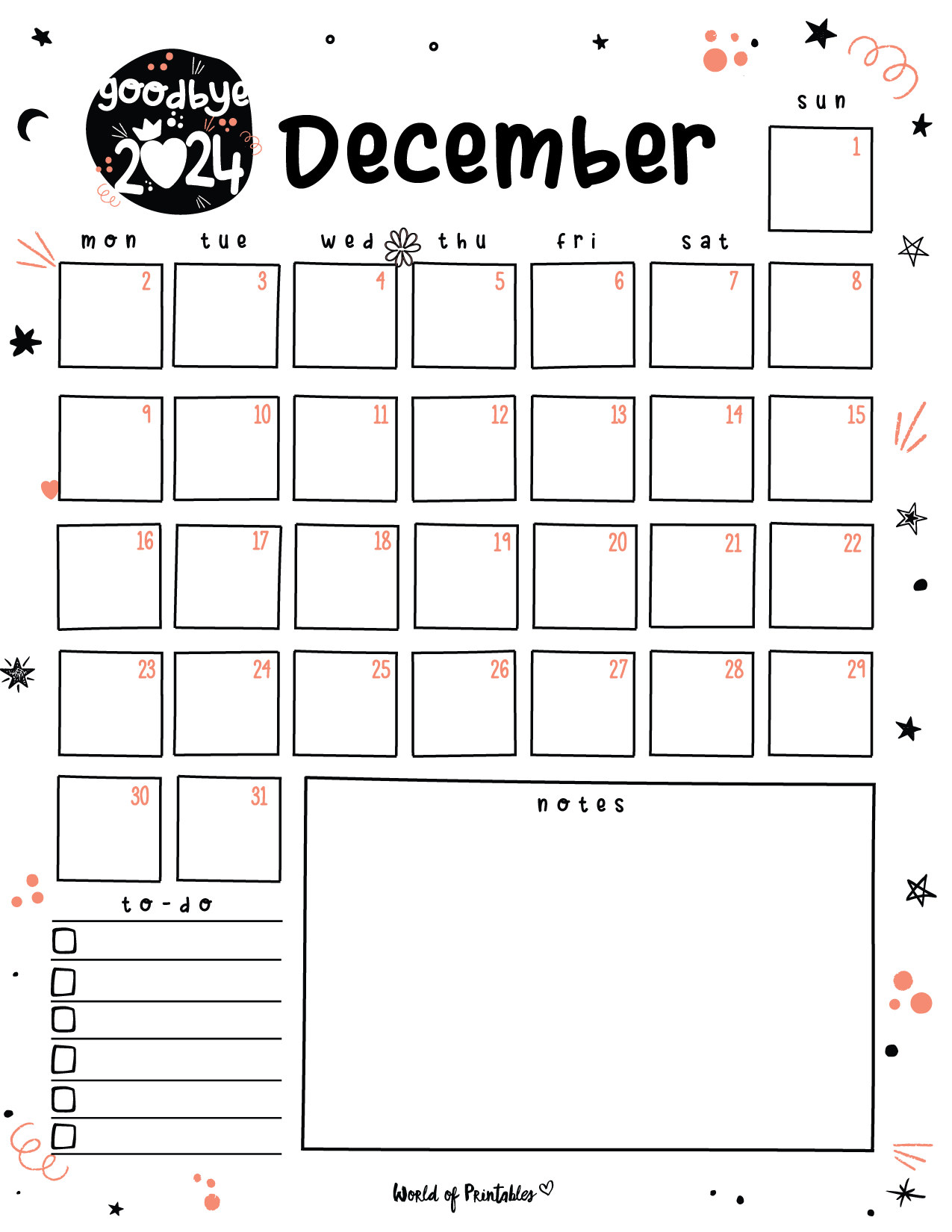 Free Printable December 2024 Planners - World Of Printables | Blank Things to Do List Calendar For December 2024 Printable