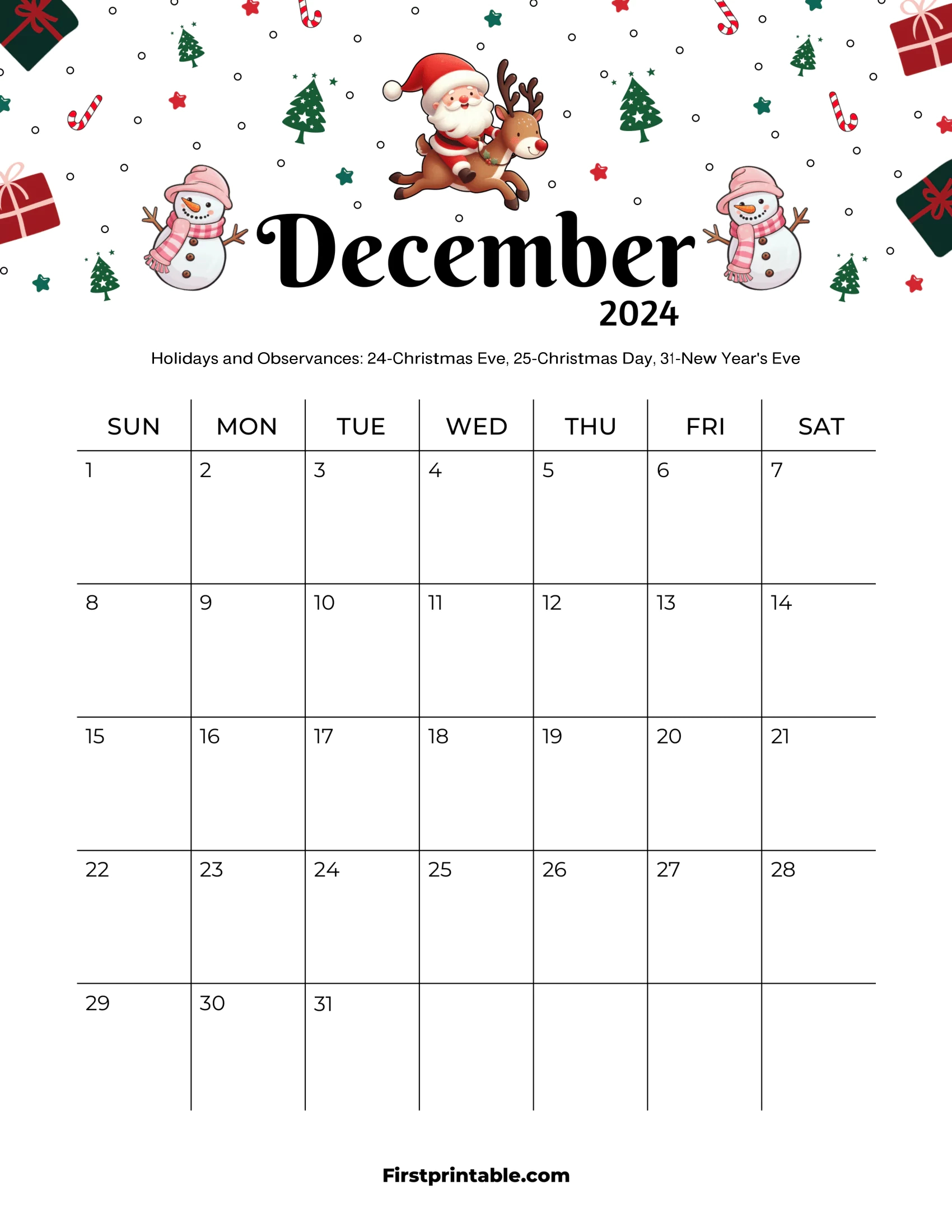 Free Printable &amp;amp; Fillable December Calendars 2024 | Christmas Themed December 2024 Printable Calendar