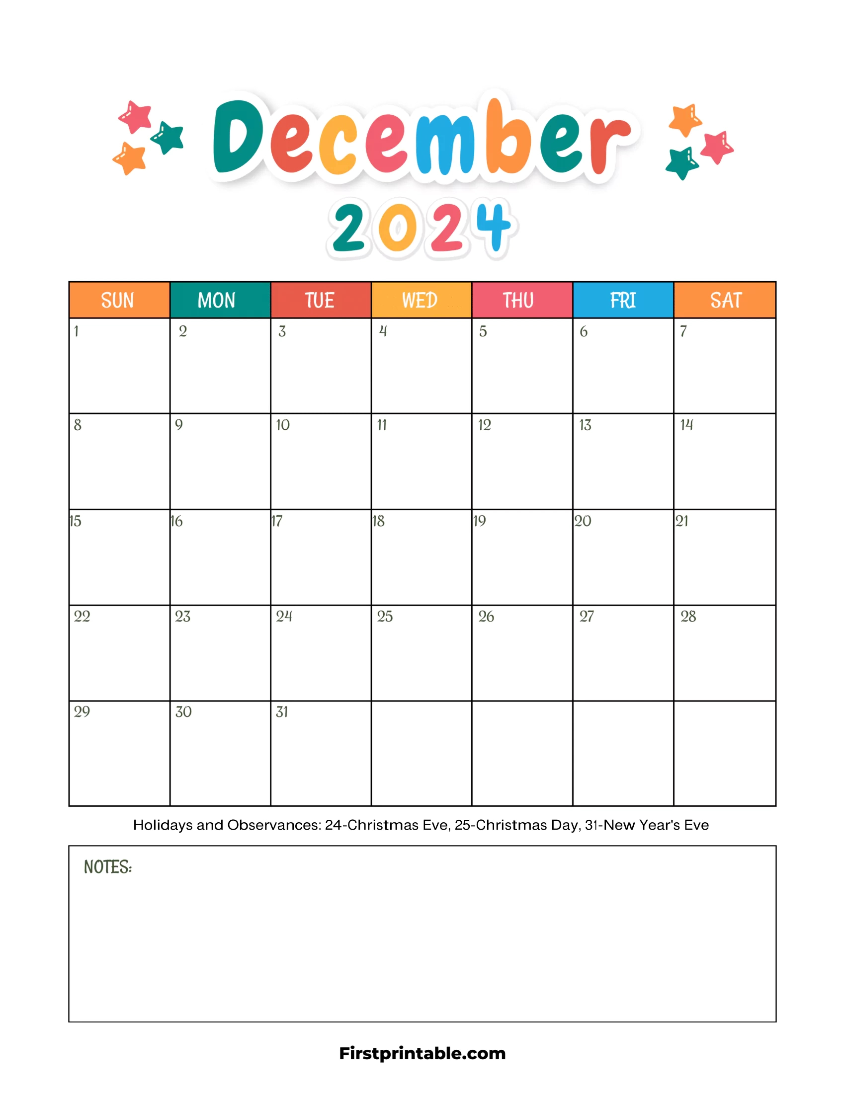 Free Printable &amp;amp; Fillable December Calendars 2024 | December 2024 Calendar Printable Kids