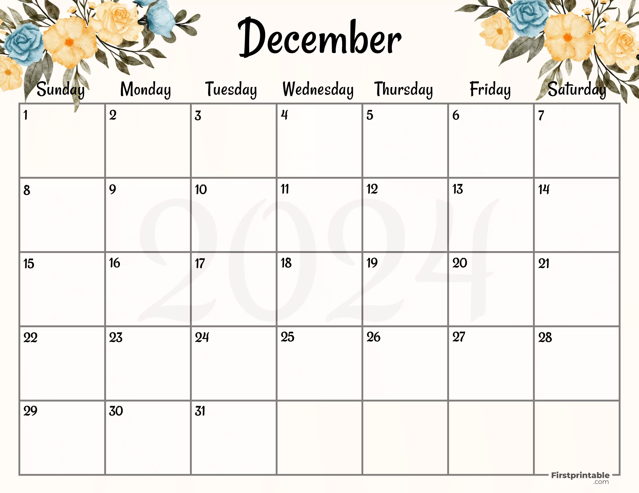 Free Printable &amp;amp; Fillable December Calendars 2024 | December 2024 Calendar with Holidays First Printable