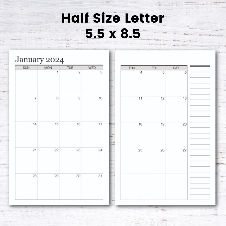 Free Printable Half Size 2024 Calendar — Krafty Planner | December 2024 Calendar Printable Fit In A5