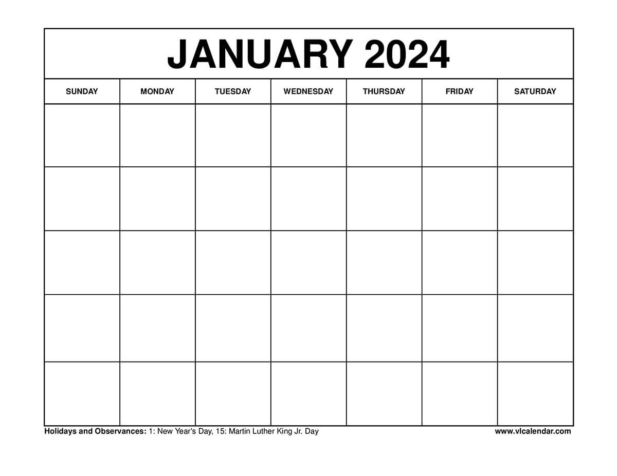 January 2024 Calendar Printable Template With Holidays | 2024 Printable Calendar January to December