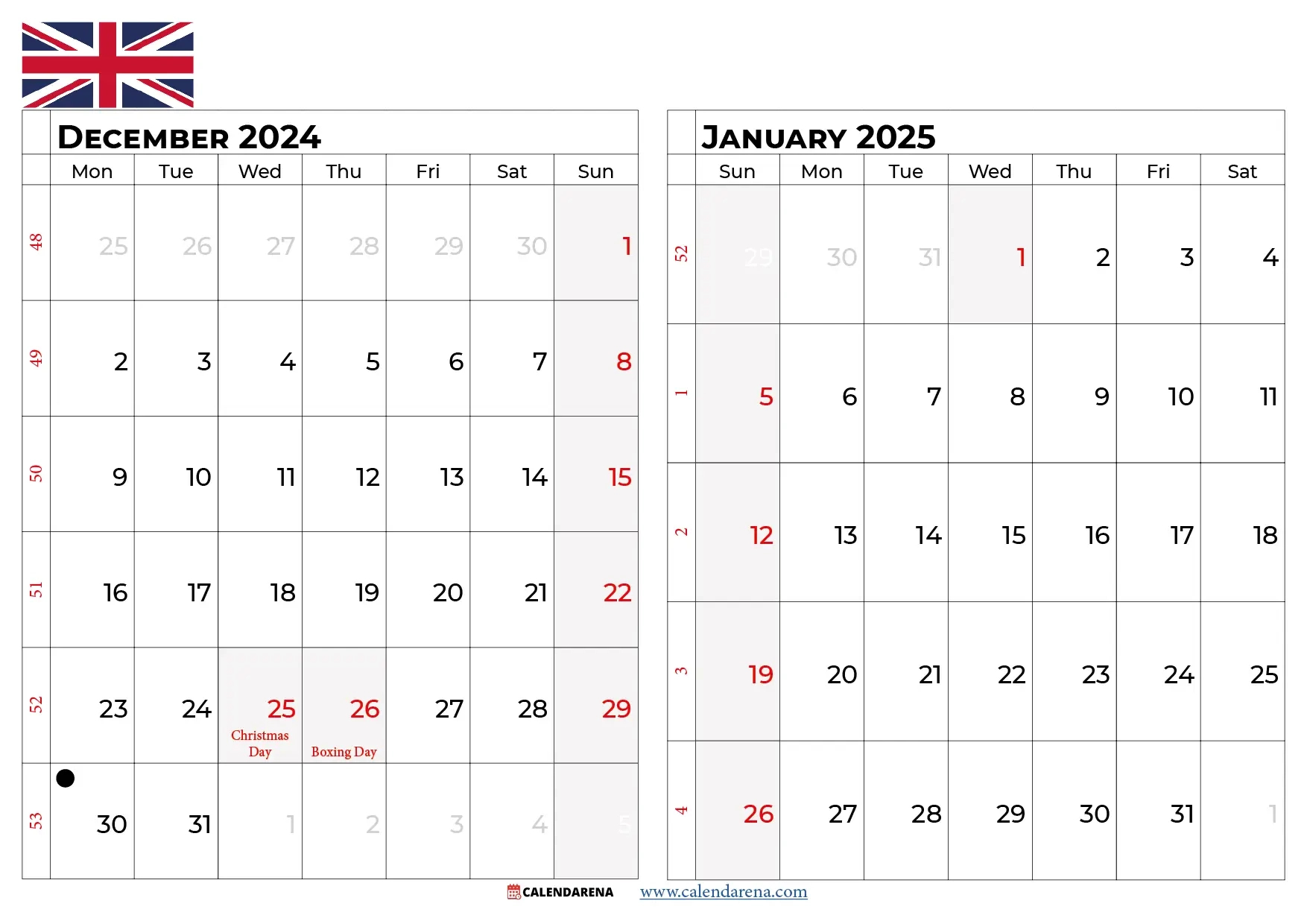 January 2025 Calendar Uk | December 2024 January 2025 Calendar Printable UK