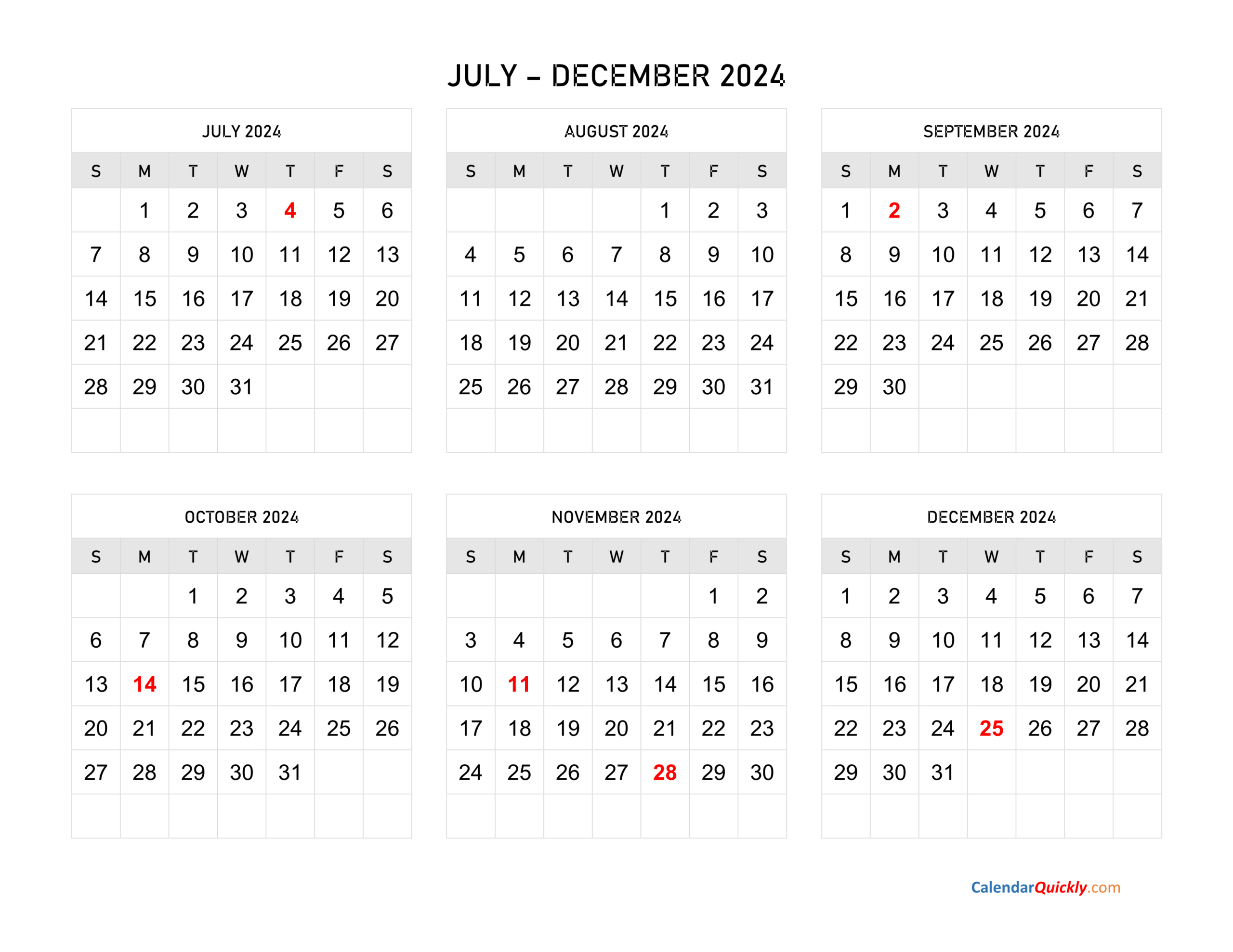 July To December 2024 Calendar Horizontal | Calendar Quickly | 2024 Printable Calendar June-December