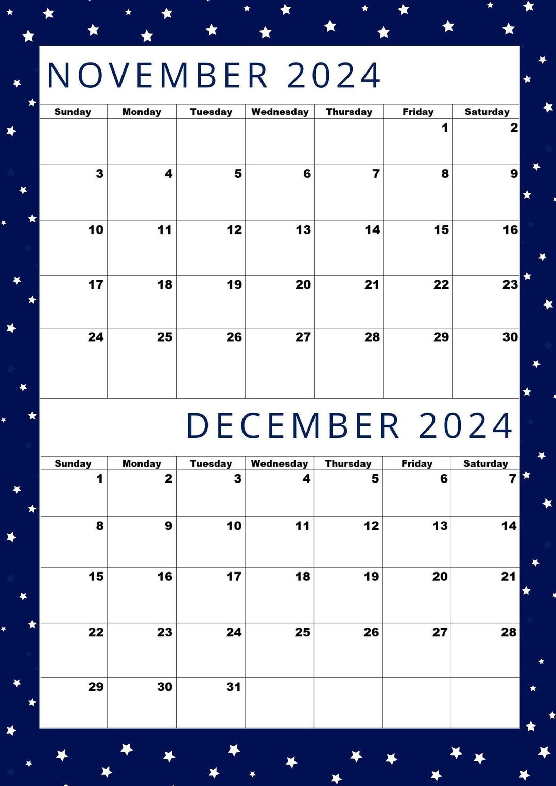 Kalender Für November Und Dezember 2024, Größe A4, Pdf, Druckbarer | Calendar 2024