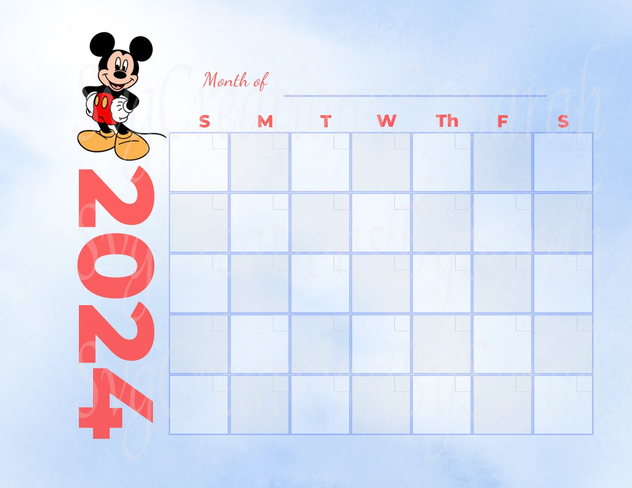 Mickey Digital Download Calendar 2024, Mickey Png, Digital | Calendar 2024