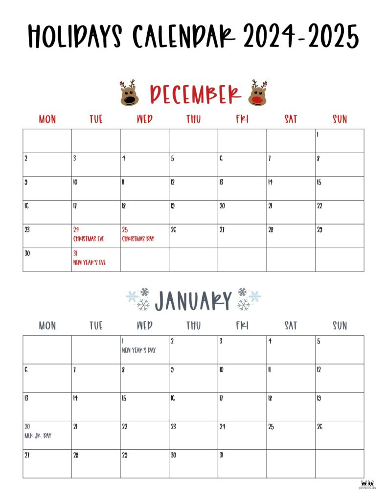 November December 2024 Calendars - 28 Printables | Printabulls | 2024 And 2025 Calendar Printable December