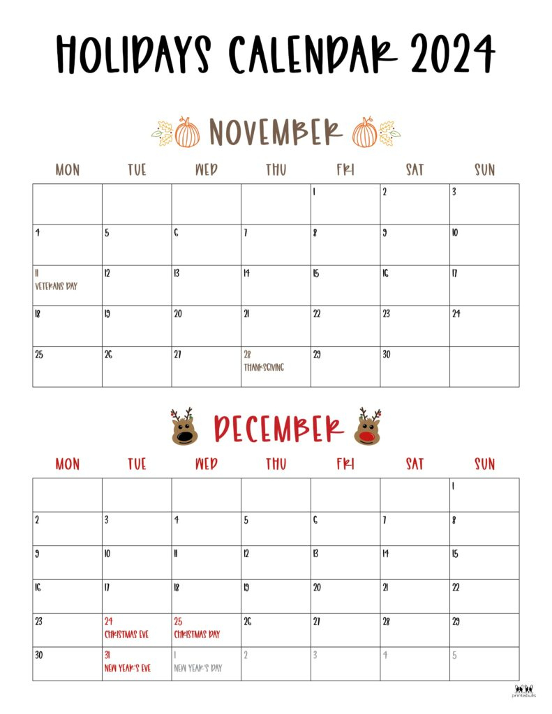 November December 2024 Calendars - 28 Printables | Printabulls | 2024 Calendar Printable November December