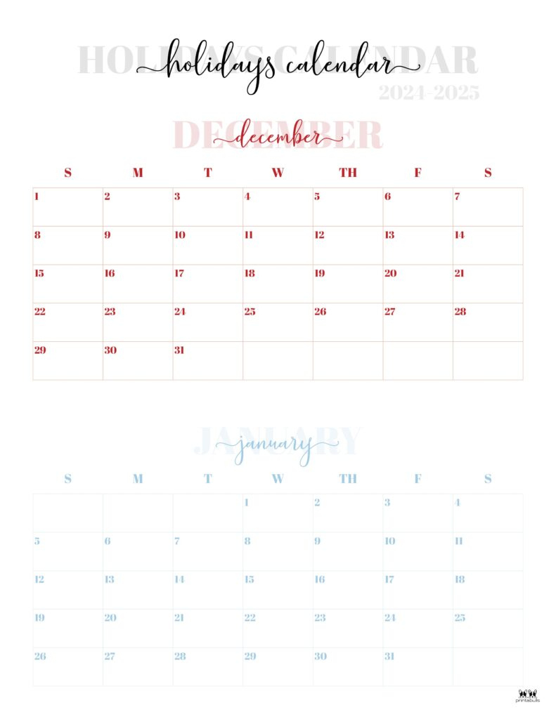 November December 2024 Calendars - 28 Printables | Printabulls | Calendar End of December 2024 and Beginning of January 2025 Printable