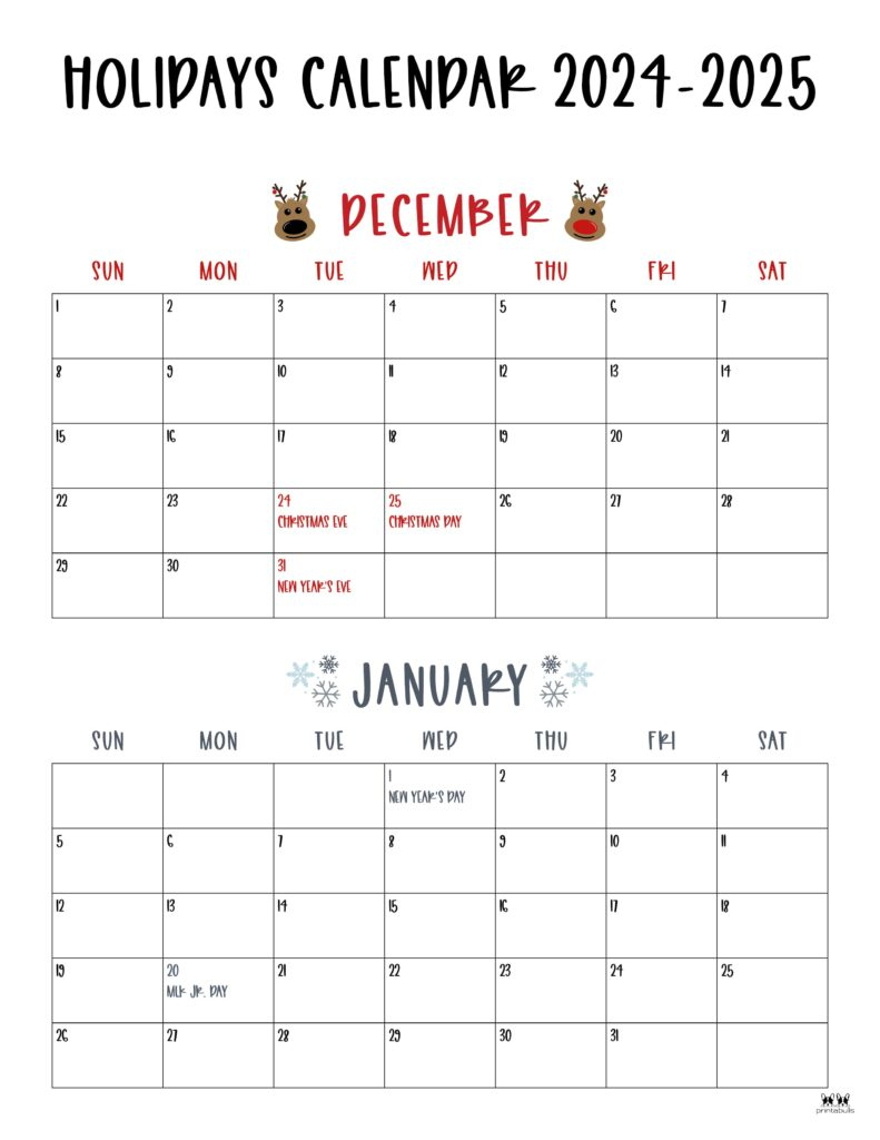 November December 2024 Calendars - 28 Printables | Printabulls | December 2024 And January 2025 Calendar Printable