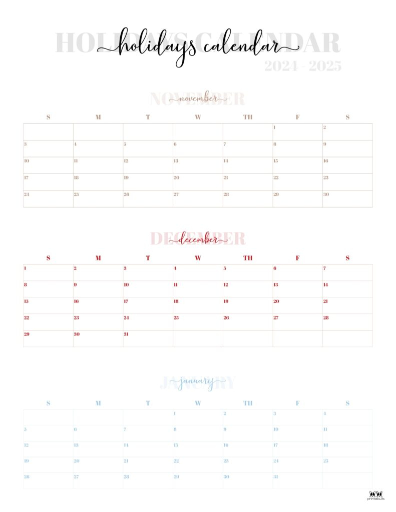 November December 2024 Calendars - 28 Printables | Printabulls | November December 2024 - January 2025 Calendar Printable