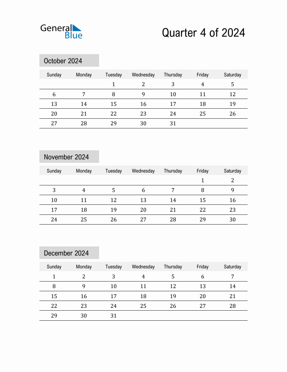 October, November, And December 2024 Calendar Template | Calendar 2024