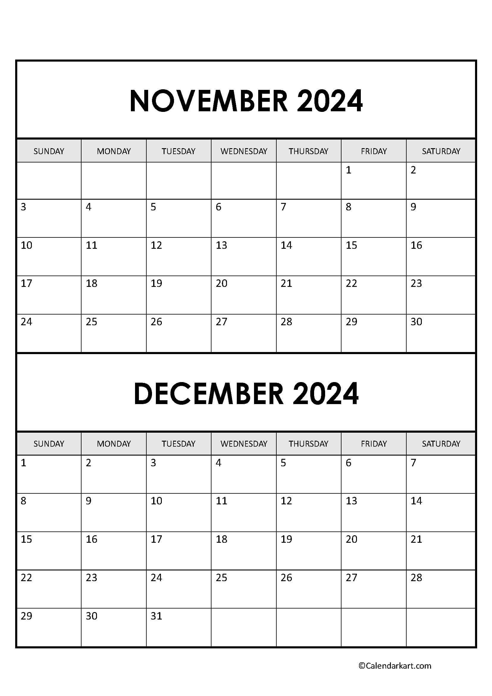 Printable November December 2024 Calendars | Calendarkart | Calendar 2024