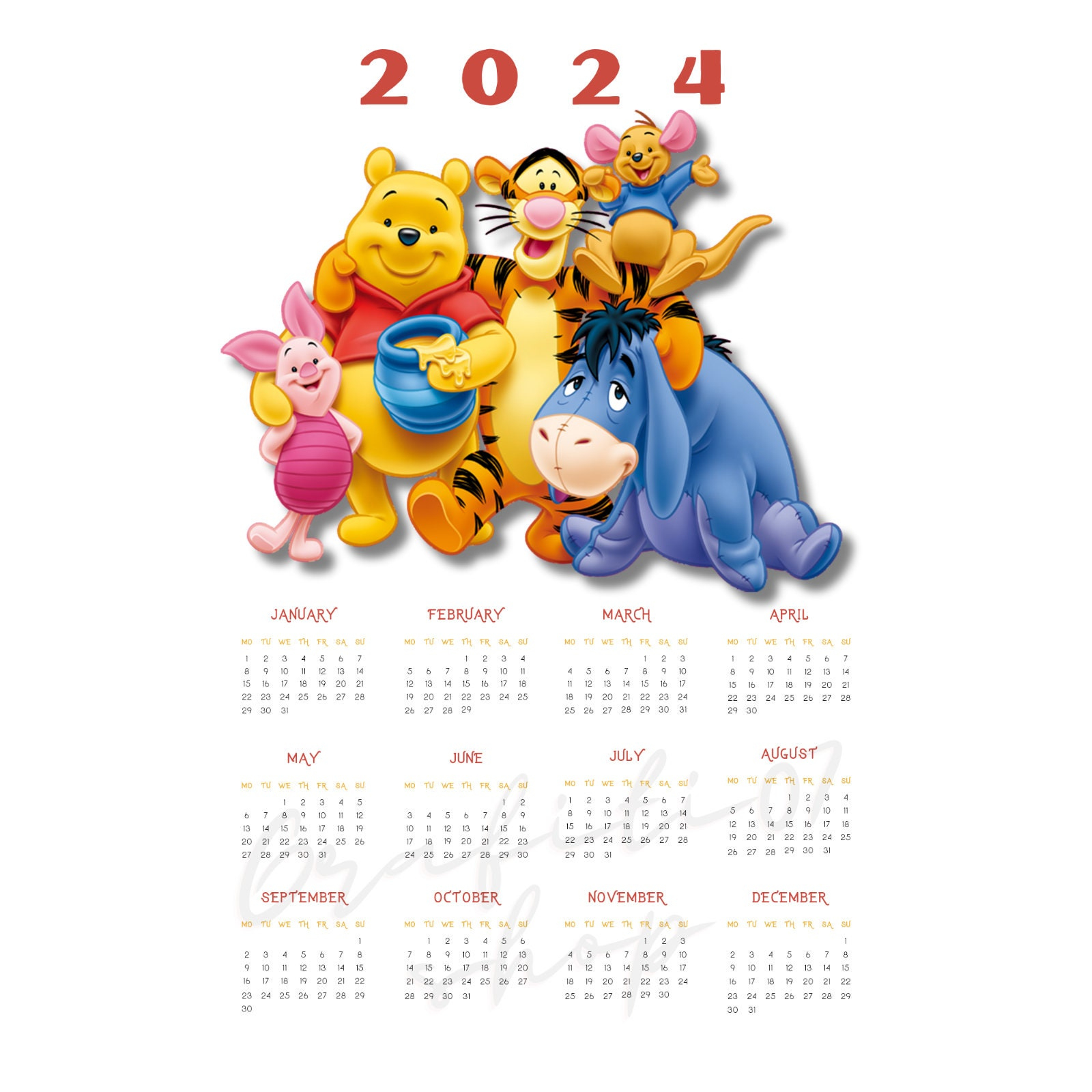 Winnie The Pooh Themed Calendar, 2024 Calendar, New Year Calendar | 2024 December Calendar Printable Winnie The Pooh