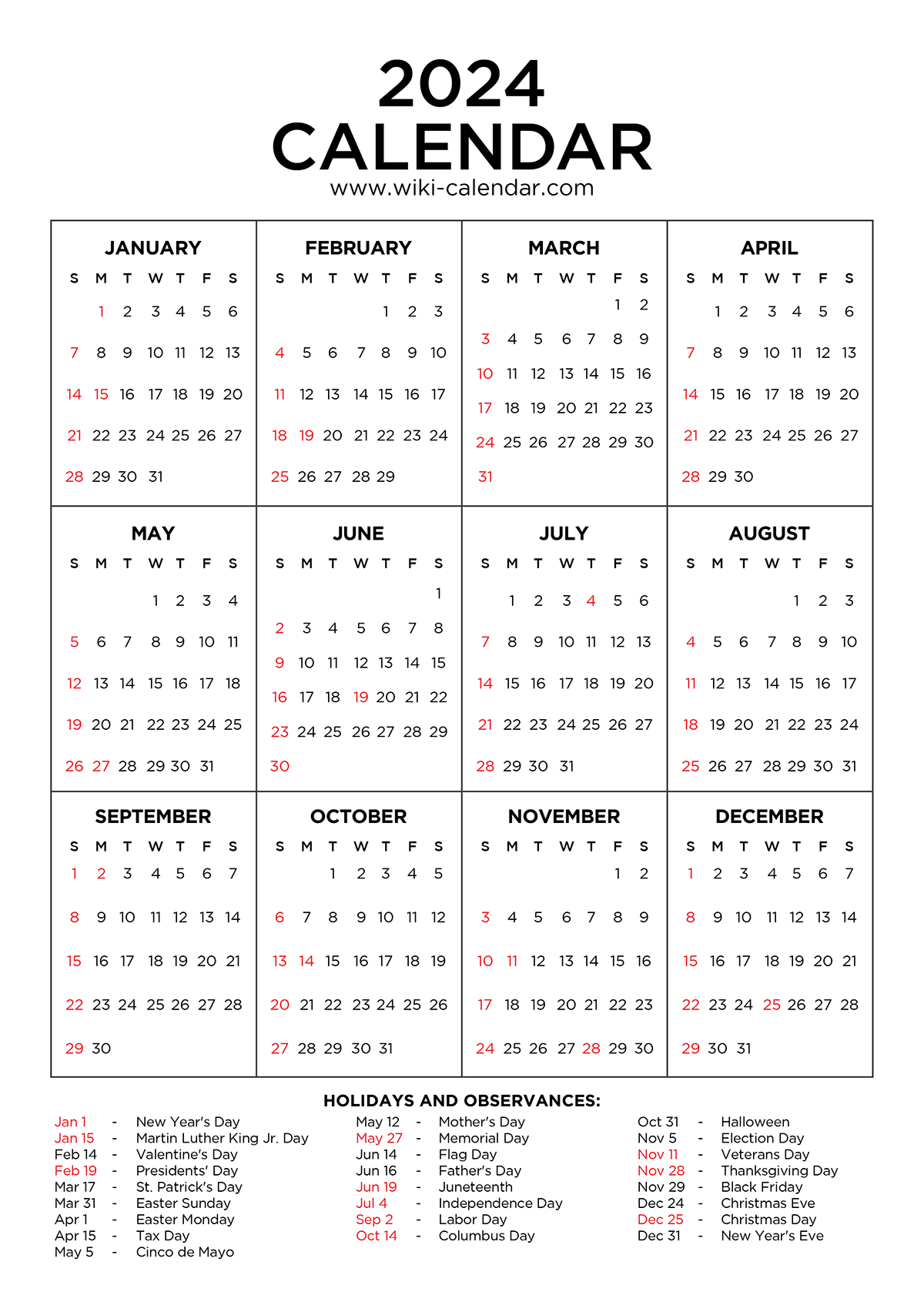 Year 2024 Calendar Printable With Holidays - Wiki Calendar | Calendar 2024