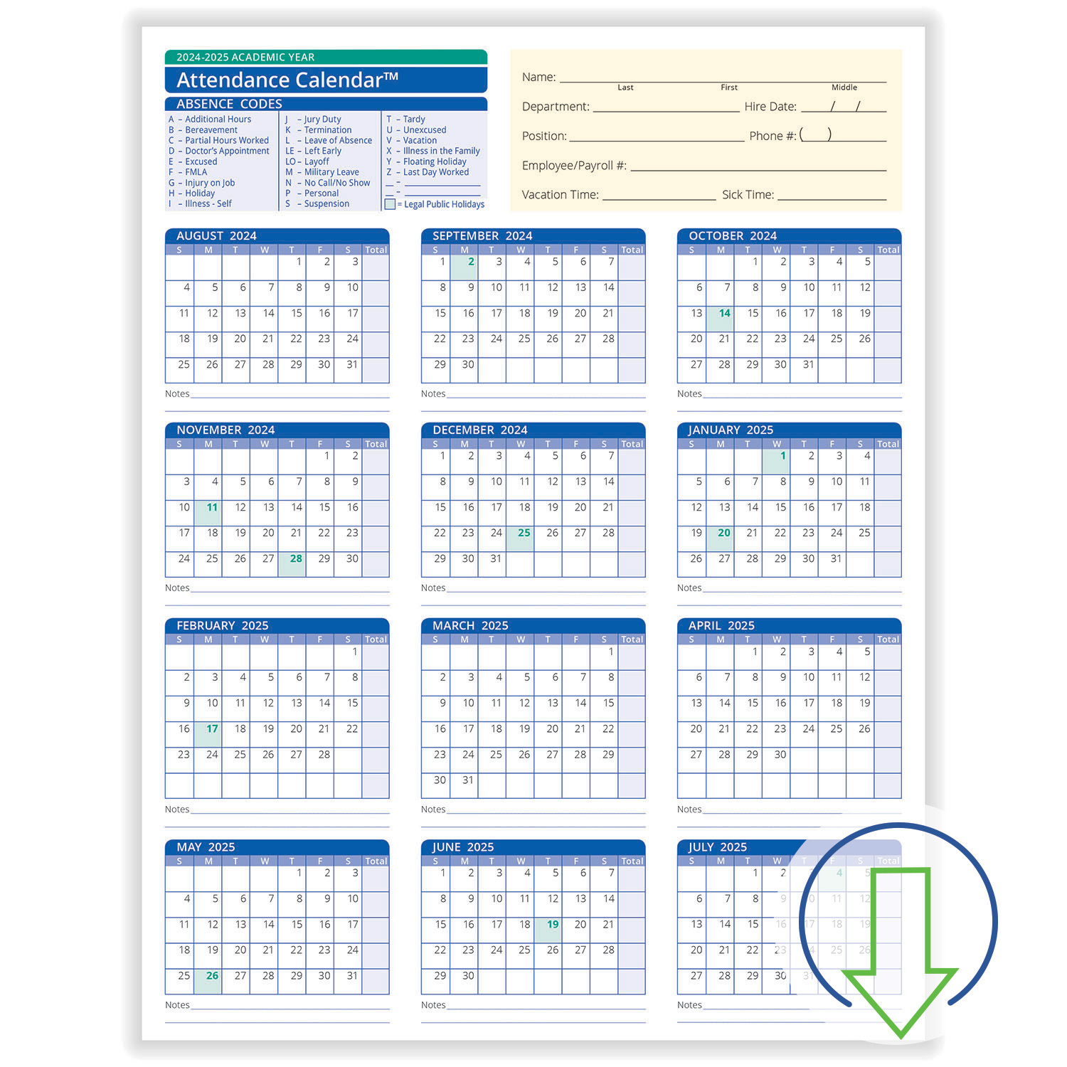 2024 Downloadable Academic Year Employee Attendance Calendar | 2024-2025 Attendance Calendar