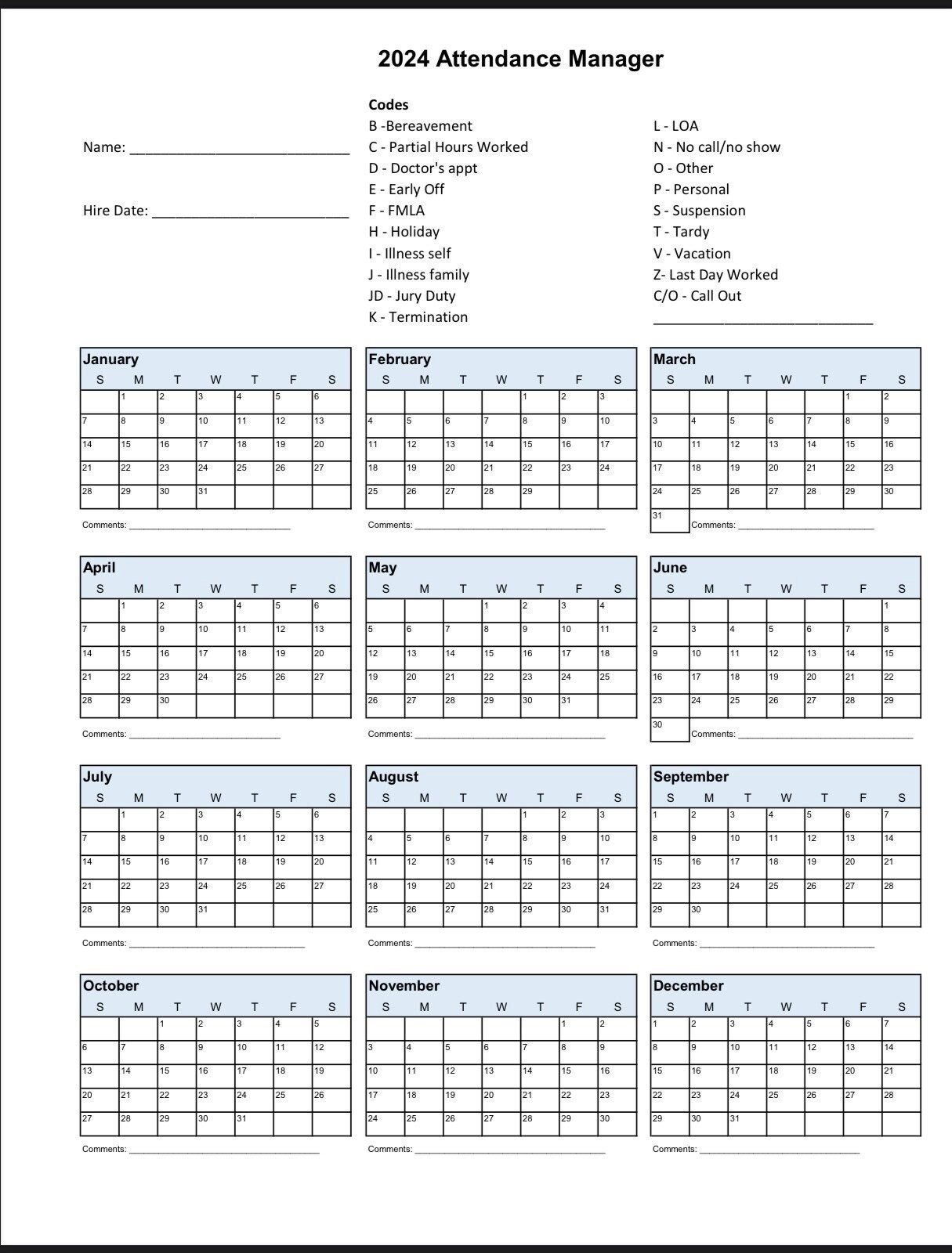 2024 Employee School Attendance Tracker Calendar, Employee | 2024-2025 Attendance Calendar