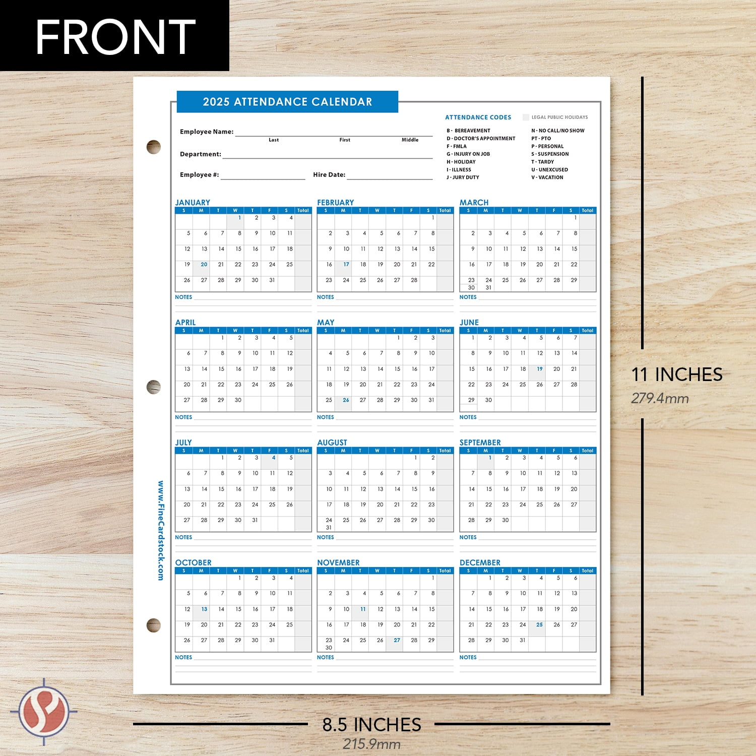 2025 Attendance Calendar Card Stock Paper, Employee Work Tracker | Free Printable 2025 Employee Attendance Calendar USA