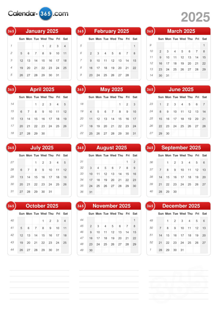 12 Month 2025 Calendar Printable with Week Numbers | Calendar 2025