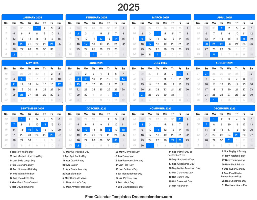 2025 Yearly Calendar with Holidays Printable Calendar 2025