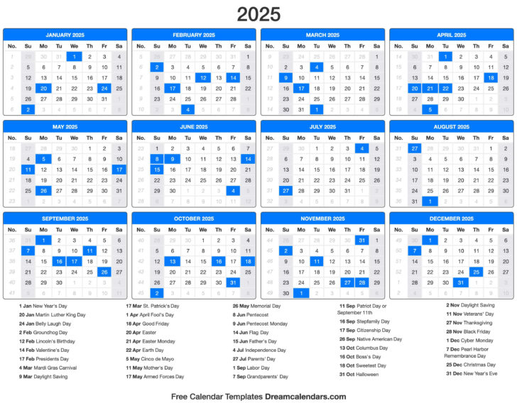 2025 Yearly Calendar with Holidays Printable | Calendar 2025