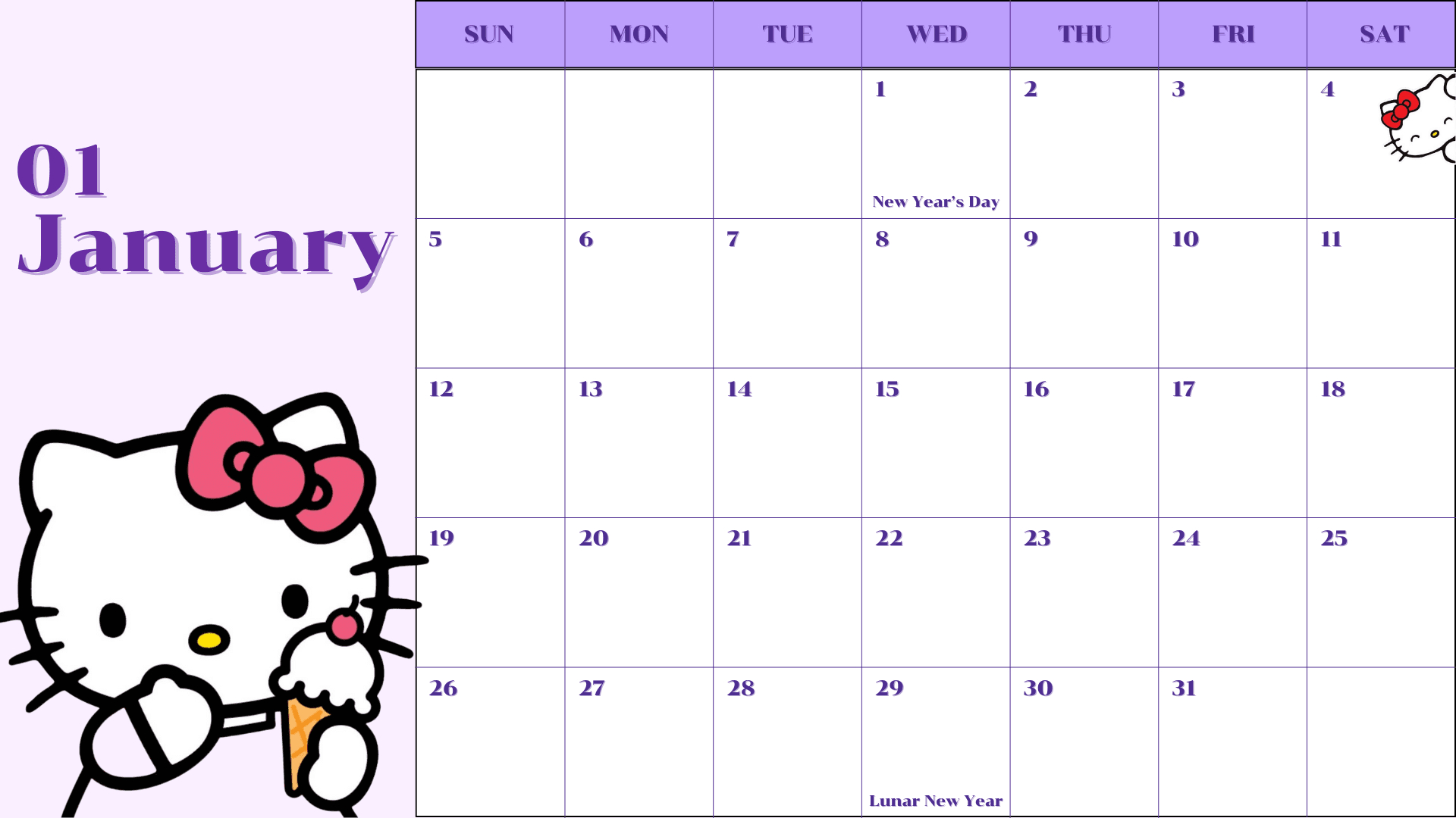 2025 - Calendar - Hello Kitty - Template -Kjc.creativedesigns | Hello Kitty January 2025 Calendar Printable