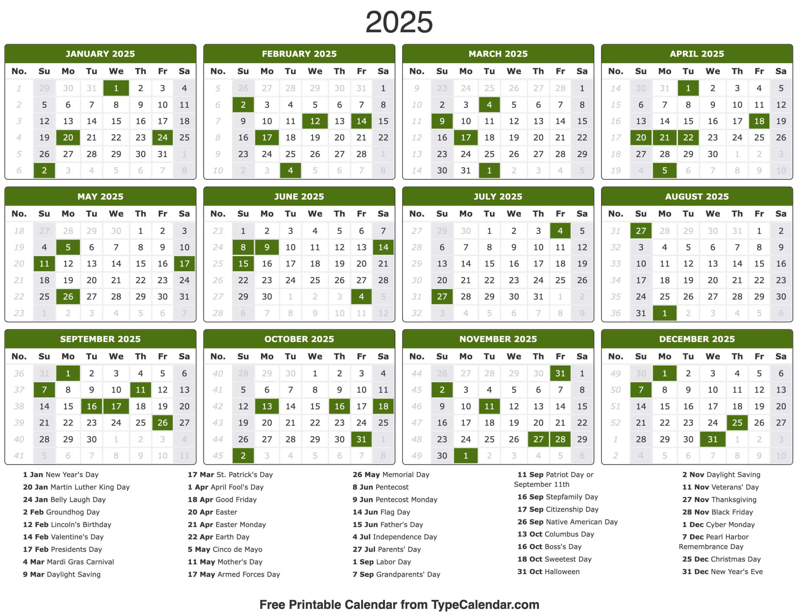 Printable Calendar with Holidays 2025 | Calendar 2025 | Printable ...